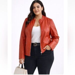 Jessica London Fiery Red Orange Genuine Leather Moto Jacket.